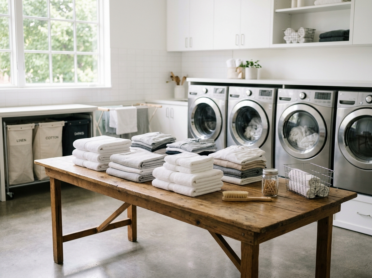 Laundry Today team folding fresh white shirts in a modern facility